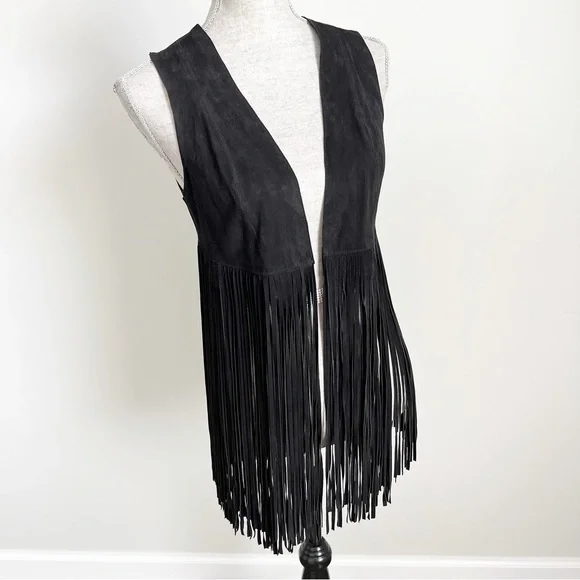 Lamarque Sonia Black Suede Leather Fringe Vest XS